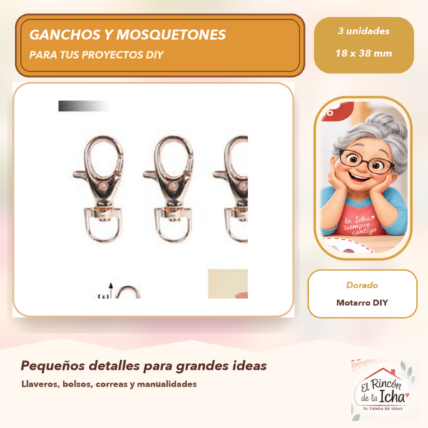 Set de 3 Mosquetones Metálicos Dorados 18 x 38 mm