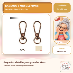 DG044-2 Set de 2 Mosquetones Metálicos con Argolla Dorados 14 x 38 mm