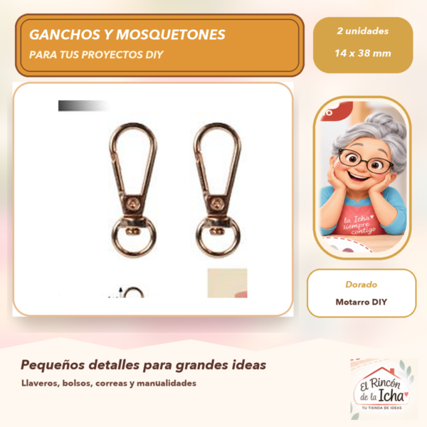 Set de 2 Mosquetones Metálicos con Argolla Dorados 14 x 38 mm