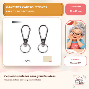 DG044-3 Set de 2 Mosquetones Metálicos con Argolla Plateados 18 x 48 mm
