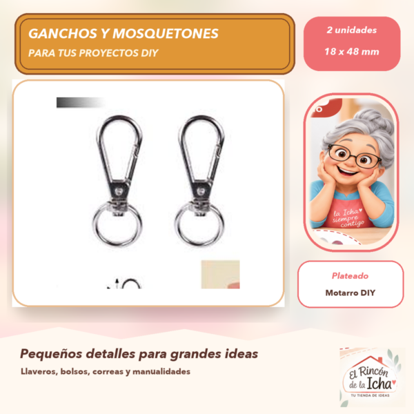 Set de 2 Mosquetones Metálicos con Argolla Plateados 18 x 48 mm