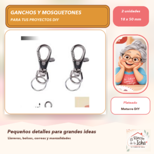 DG044-7 Set de 2 Mosquetones Giratorios con Argolla Plateados 18 x 50 mm