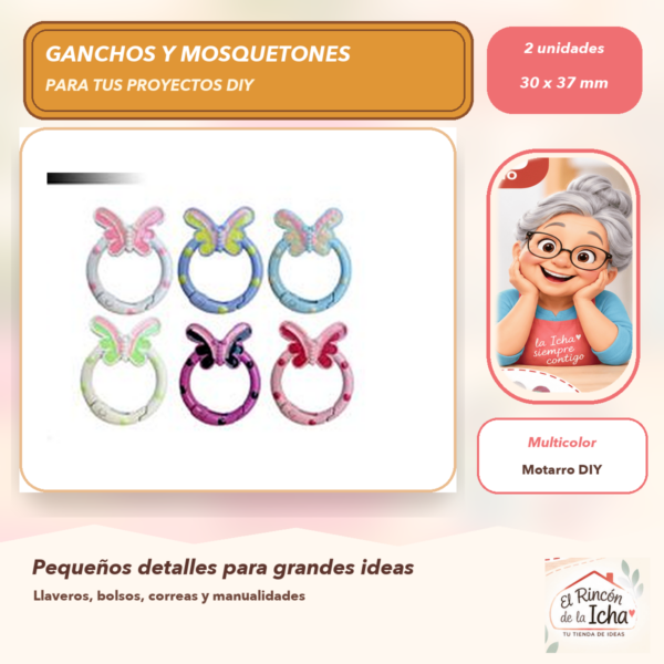 Set de 2 Mosquetones Decorativos Mariposa Multicolor 30 x 37 mm