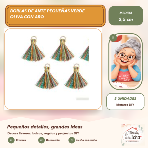 Borlas de Ante Pequeñas Verde Oliva con Aro 2,5 cm (5 unidades)