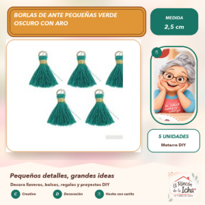 DG047-2 Borlas de Ante Pequeñas Verde Oscuro con Aro 2,5 cm (5 unidades)