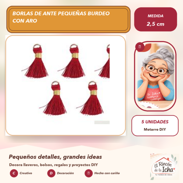 Borlas de Ante Pequeñas Burdeo con Aro 2,5 cm (5 unidades)