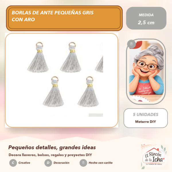 Borlas de Ante Pequeñas Gris con Aro 2,5 cm (5 unidades)