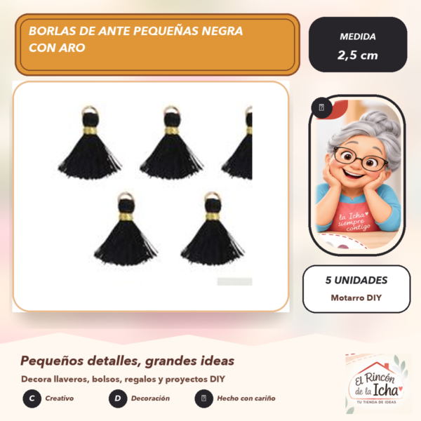Borlas de Ante Pequeñas Negra con Aro 2,5 cm (5 unidades)