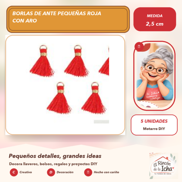 Borlas de Ante Pequeñas Roja con Aro 2,5 cm (5 unidades)