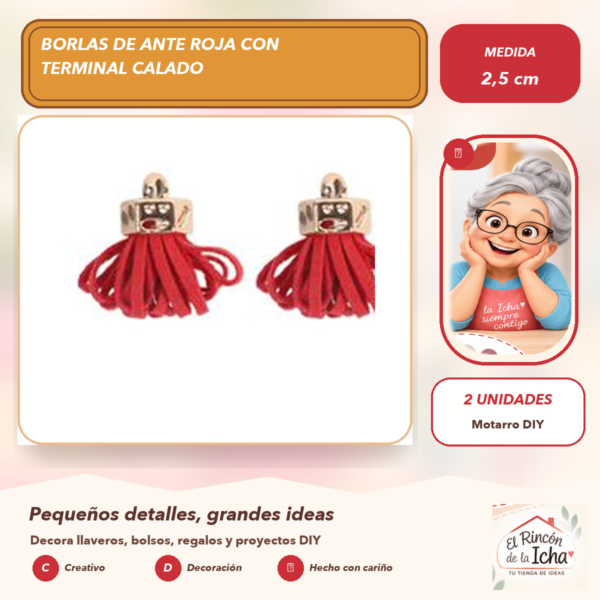 Borlas de Ante Roja con Terminal Calado 2,5 cm (2 unidades)