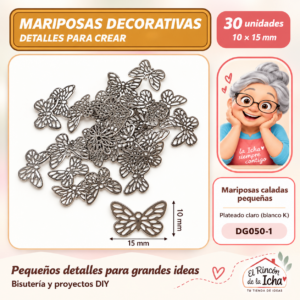 DG050-1 Mariposas caladas pequeñas – Plateado claro (blanco K) – 10 × 15 mm – 30 unidades