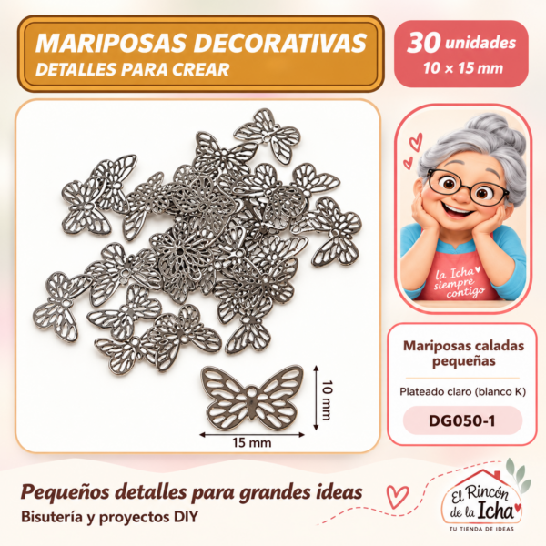 DG050-1 Mariposas caladas pequeñas – Plateado claro (blanco K) – 10 × 15 mm – 30 unidades