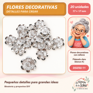 DG050-11 Flores decorativas con relieve – Plateado claro (blanco K) – 17 × 17 mm – 20 unidades