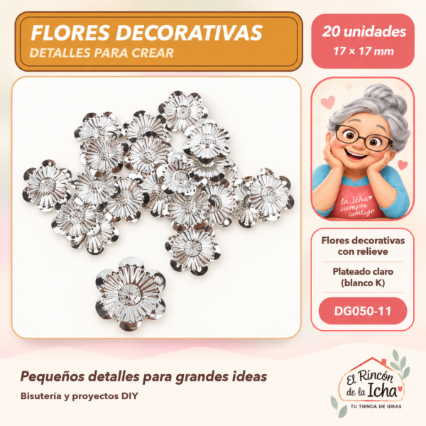 DG050-11 Flores decorativas con relieve – Plateado claro (blanco K) – 17 × 17 mm – 20 unidades
