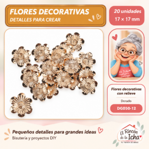 DG050-12 Flores decorativas con relieve – Dorado – 17 × 17 mm – 20 unidades