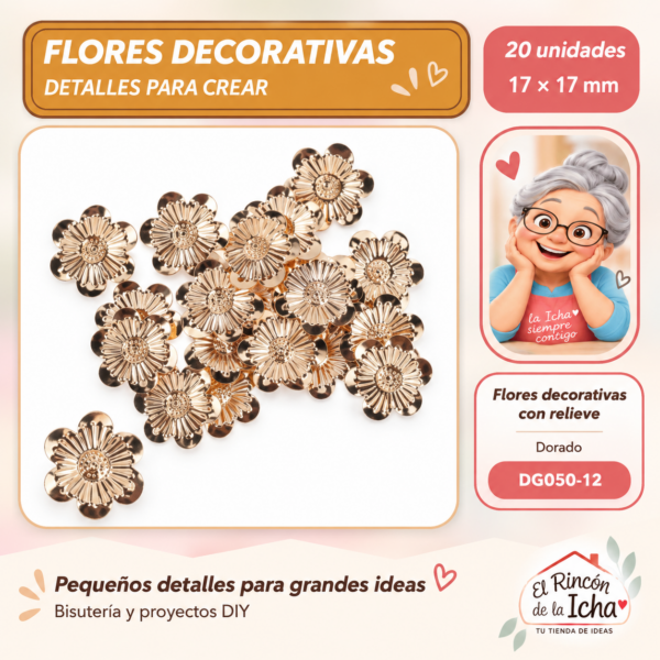 DG050-12 Flores decorativas con relieve – Dorado – 17 × 17 mm – 20 unidades