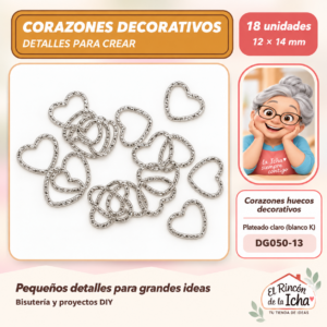 DG050-13 Corazones huecos decorativos – Plateado claro (blanco K) – 12 × 14 mm – 18 unidades