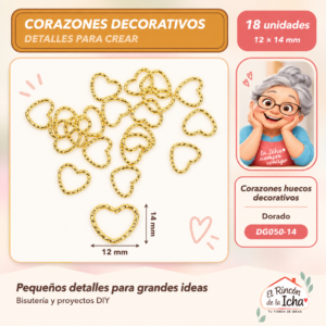 DG050-14 Corazones huecos decorativos – Dorado – 12 × 14 mm – 18 unidades