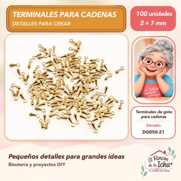 Terminales de gota para cadenas – Dorado – 2 × 7 mm – 100 unidades