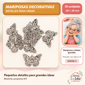 DG050-3 Mariposas caladas grandes – Plateado claro (blanco K) – 20 × 28 mm – 10 unidades