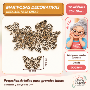 DG050-4 Mariposas caladas grandes – Dorado – 20 × 28 mm – 10 unidades