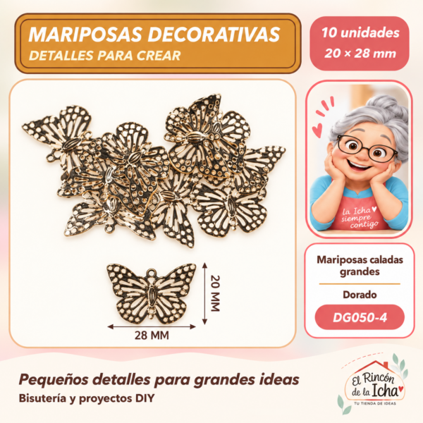 DG050-4 Mariposas caladas grandes – Dorado – 20 × 28 mm – 10 unidades