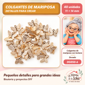 DG050-6 Colgantes de mariposa con textura – Dorado – 11 × 14 mm – 40 unidades