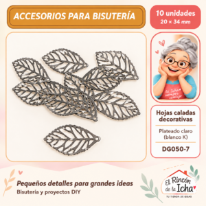 DG050-7 Hojas caladas decorativas – Plateado claro (blanco K) – 20 × 34 mm – 10 unidades