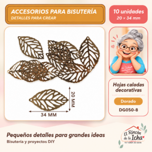 DG050-8 Hojas caladas decorativas – Dorado – 20 × 34 mm – 10 unidades