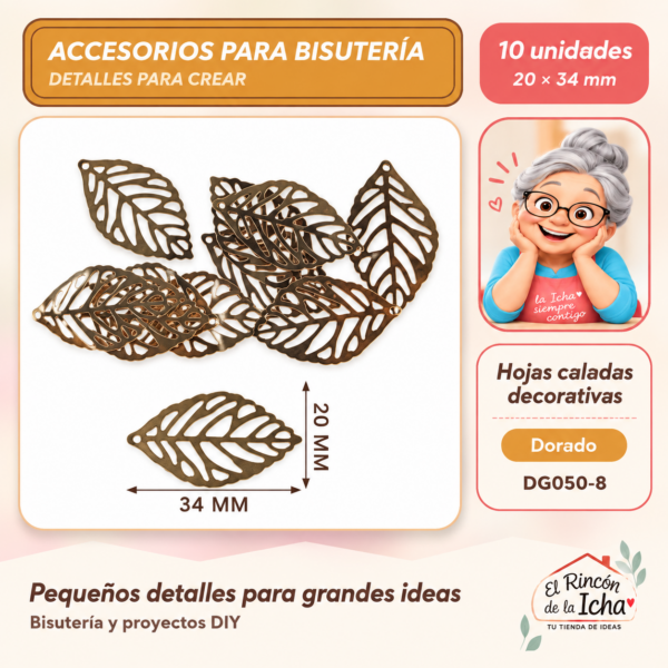 DG050-8 Hojas caladas decorativas – Dorado – 20 × 34 mm – 10 unidades