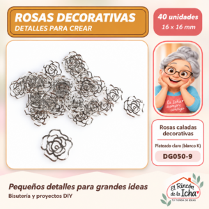 DG050-9 Rosas caladas decorativas – Plateado claro (blanco K) – 16 × 16 mm – 40 unidades