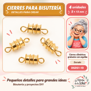DG051-10 Cierres cilíndricos grabados con argollas – Dorado – 5 × 15 mm – 4 unidades