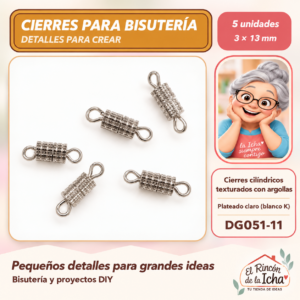 DG051-11 Cierres cilíndricos texturados con argollas – Plateado claro (blanco K) – 3 × 13 mm – 5 unidades