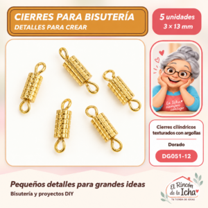 DG051-12 Cierres cilíndricos texturados con argollas – Dorado – 3 × 13 mm – 5 unidades