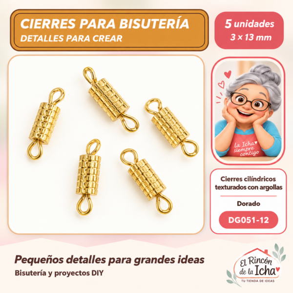 DG051-12 Cierres cilíndricos texturados con argollas – Dorado – 3 × 13 mm – 5 unidades