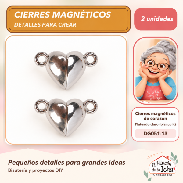 DG051-13 Cierres magnéticos de corazón – Plateado claro (blanco K) – 2 unidades – DG051-13