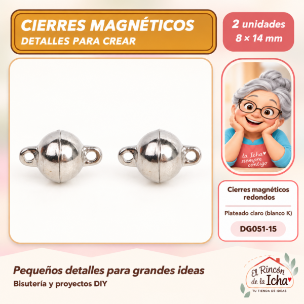 DG051-15 Cierres magnéticos redondos – Plateado claro (blanco K) – 8 × 14 mm – 2 unidades