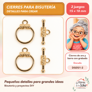DG051-2 Cierres de aro y barra con grabado – Dorado – 15 × 18 mm – 2 juegos