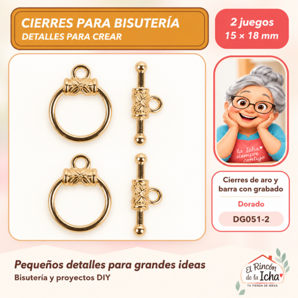 DG051-2 Cierres de aro y barra con grabado – Dorado – 15 × 18 mm – 2 juegos