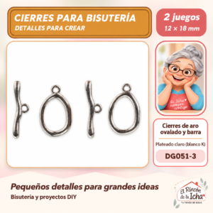 DG051-3 Cierres de aro ovalado y barra – Plateado claro (blanco K) – 12 × 18 mm – 2 juegos