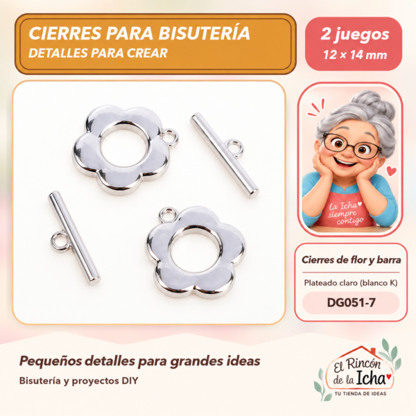 DG051-7 Cierres de flor y barra – Plateado claro (blanco K) – 12 × 14 mm – 2 juegos