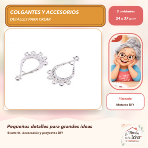 DG052-11 Set de 2 Conectores Gota Decorada Aleación Plateado 24 x 37 mm