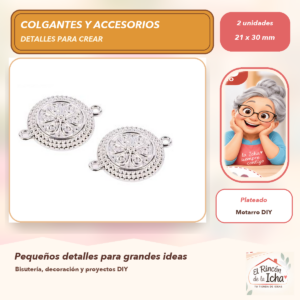 DG052-15 Set de 2 Conectores Medallón Redondo Aleación Plateado 21 x 30 mm