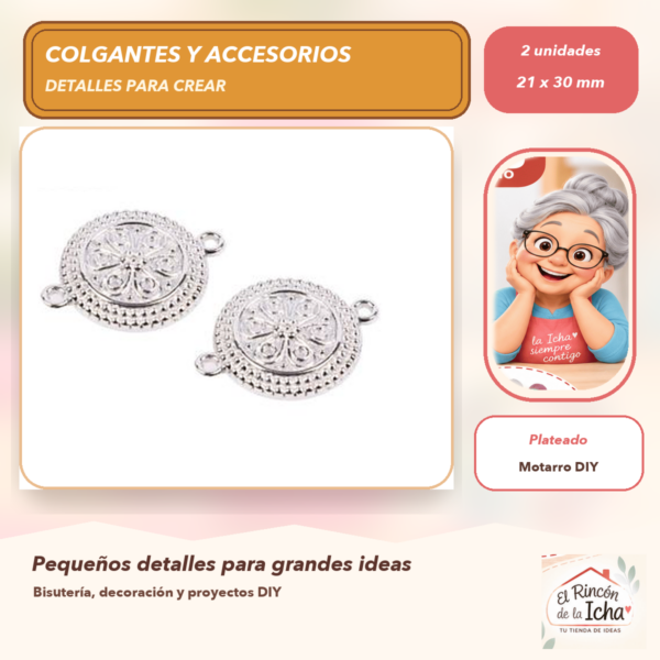 Set de 2 Conectores Medallón Redondo Aleación Plateado 21 x 30 mm
