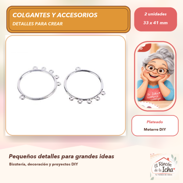 Set de 2 Conectores Aro Ovalado Aleación Plateado 33 x 41 mm