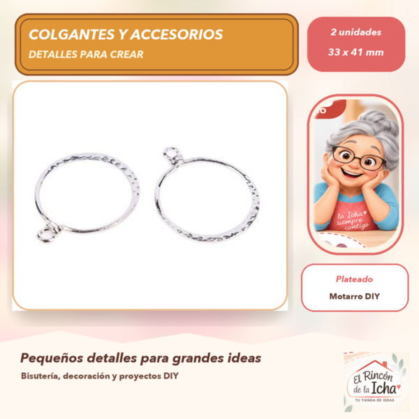 Set de 2 Conectores Aro Liso Aleación Plateado 33 x 41 mm