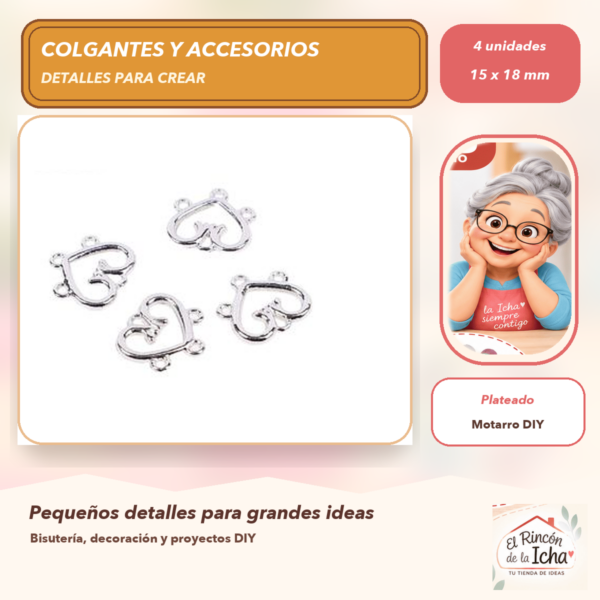 Set de 4 Conectores Corazón con Lazo Aleación Plateado 15 x 18 mm