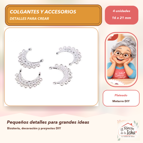 Set de 4 Conectores Media Luna Calada Aleación Plateado 16 x 21 mm