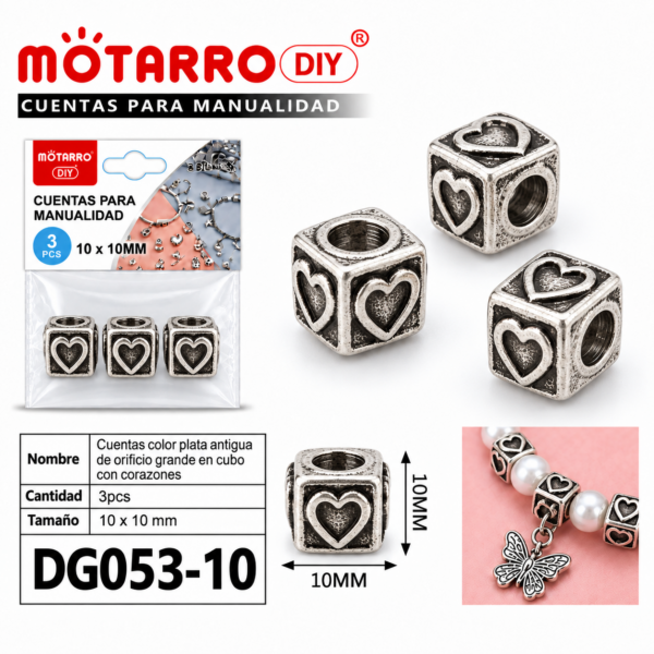 Cuentas de plata antigua – Corazón en cubo – 10 × 10 mm – 3 unidades