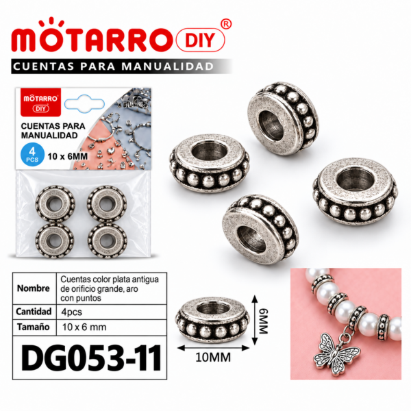 Cuentas de plata antigua – Aro con puntos – 10 × 6 mm – 4 unidades
